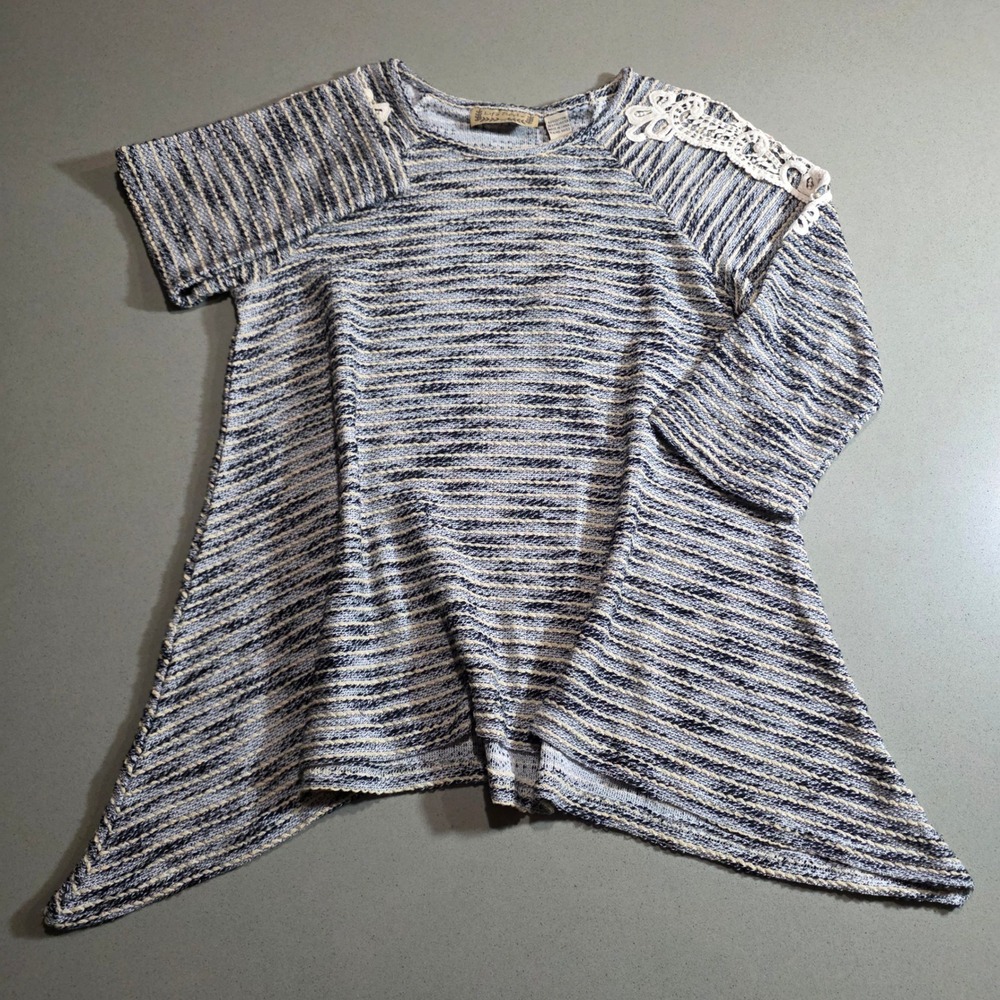 Life Style Women Navy Grey Striped Crochet Lace Shoulder Knit Top Size M